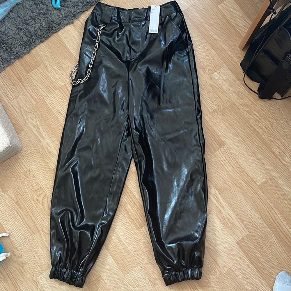 NWT I AM GIA Black Leather Pants with Silver Chain